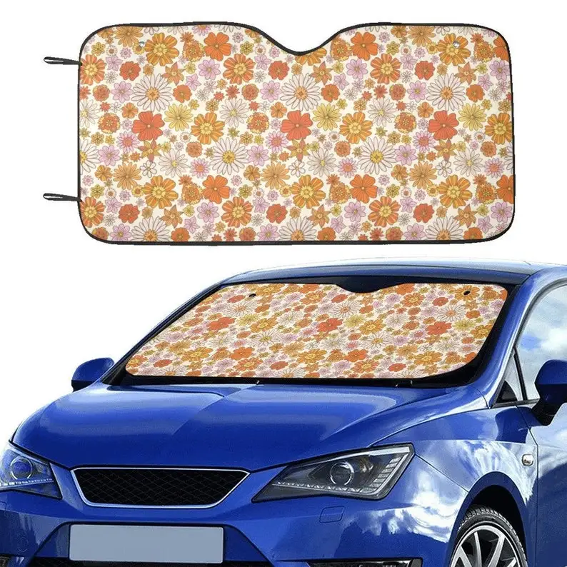

Groovy Flowers Windshield Sun Shade, Hippie Floral Orange 70s Art Car Accessories Auto Protector Window Visor Screen Women Cover