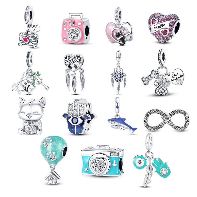 

Dreamcatcher Charms Silver 925 Camera Bead Pink Heart Eyes Hand Pendant DIY For Pandora Charms Bracelet Original Design Jewelry