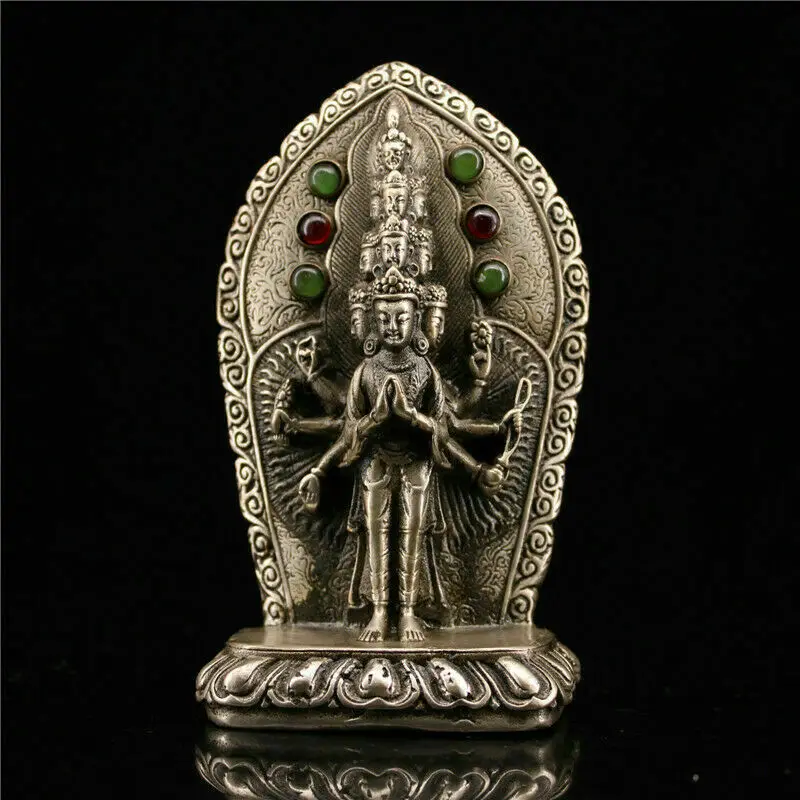 

4.72" Tibetan Buddhism copper silvering inlay gem Thousand-hand Kwan-yin statue