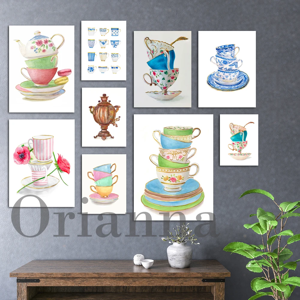 Tea Cups, Teapot, Wall Art, Kitchen Wall Decor Poster, Vintage Tea Cup, Gift For Tea Lovers,Tea Party Decor,Watercolor Art Print