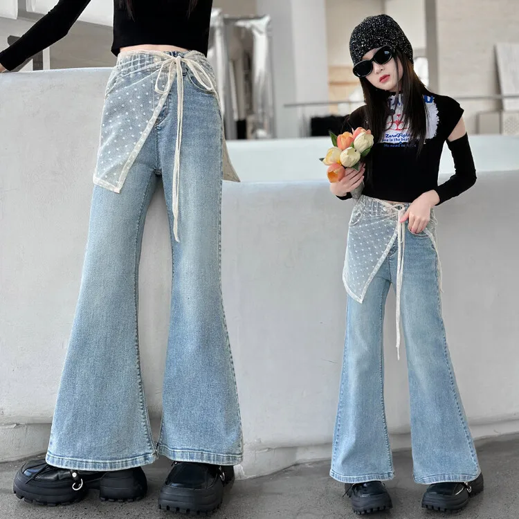 Spodnie dla dziewczynki Duże dzieci Moda Wiosna i jesień Nowe dziewczyny 2024 Casual Rozkloszowane dżinsy dziewczynek Styl dziecięce