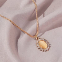 fashion style oval stone inlaid sun flower gold retro cubic zircon necklace cats eye stone earrings free chain