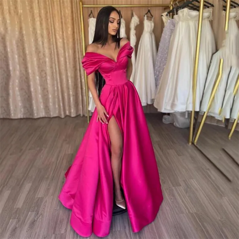 

Vestidos Elegantes Para Mujer Fuschia Satin Long Evening Dresses Off Shoulder Ruched Prom Party Women Wear A Line Gowns