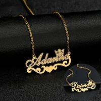 trendy name letter necklace stainless steel personalized name gold crown crystal pendant necklaces for women jewelry