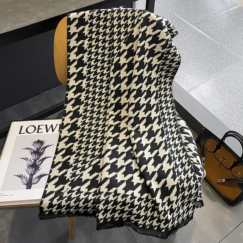 

2022 Korean Autumn and Winter New style Warm keeping Couple Thousand Bird Grid Cashmere Women's Scarf with Thickened Short Beard