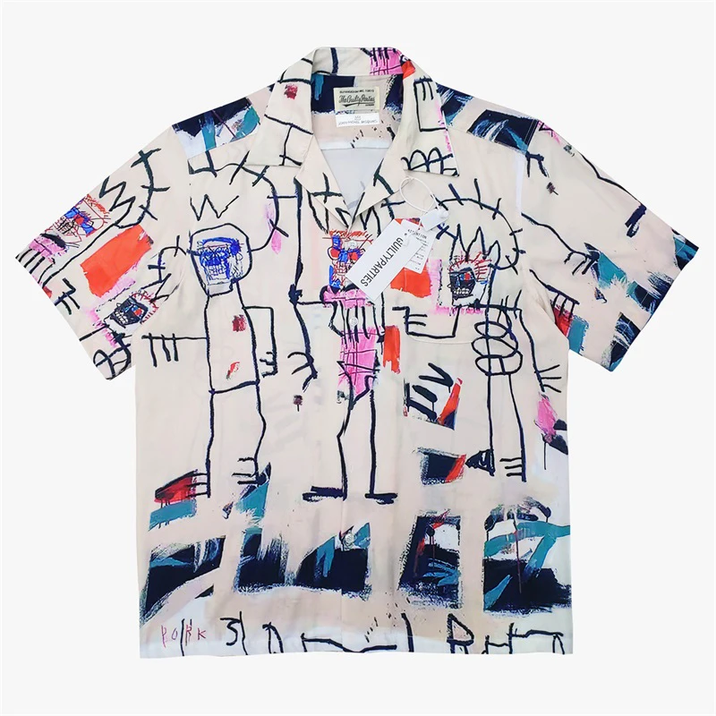 

2023 Beach WACKO MARIA Shirts Men Women High Quality Casual Buttons Tops Hawaiian Short Sleeve Fashion Graffiti Streetwear Tee