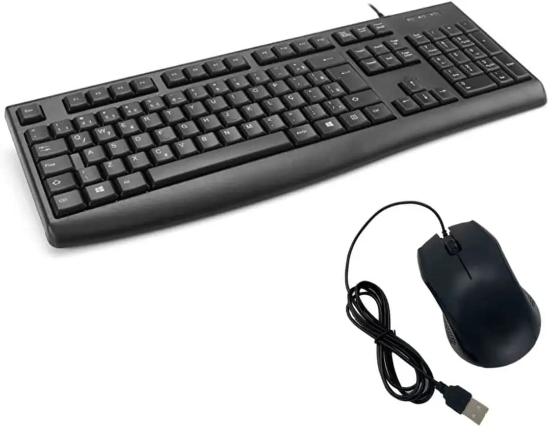 

Kit and Mouse Wired USB 2.0 Black Layout ABNT2 Ambidextrous 1200 DPI Optical Sensor Silent Keys For Office Home Desktop Notebook