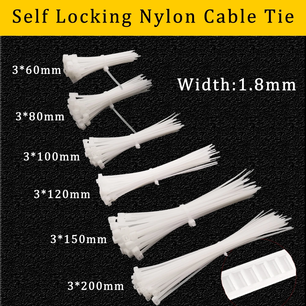 50 шт./лот белый самоблокирующийся нейлоновый промышленный кабельный хомут 1,8 мм x60/80/100/120/150/200 мм крепежный органайзер для кабеля стяжка для кабеля