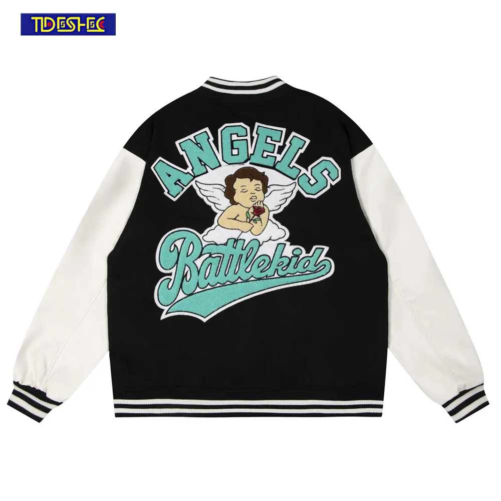 

Men Hip Hop Jacket Coat Angel Varsity Jacket Streetwear Letter Embroidery Patchwork Bomber Jacket Baseball Short Jacket W68Q