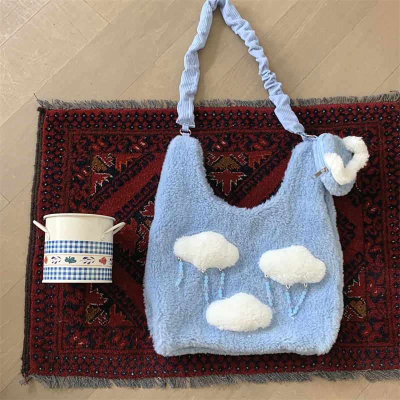 

Сумка на плечо женская из искусственной овечьей шерсти, милая вместительная сумочка-тоут в форме облака, модный саквояж кросс-боди для девушек