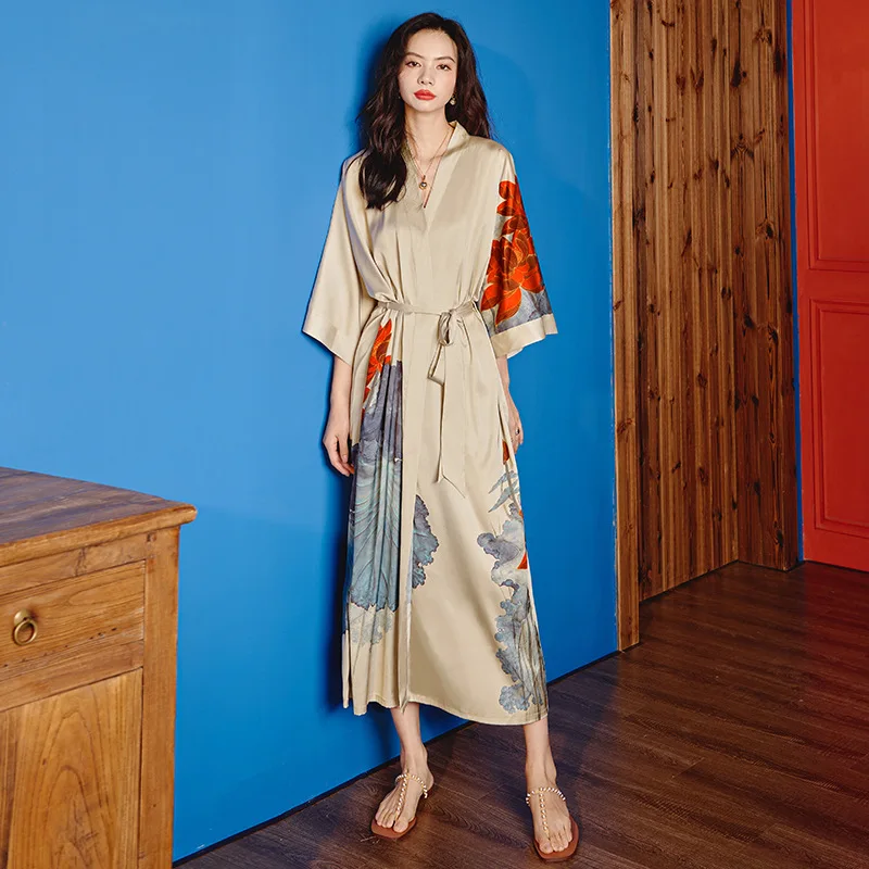 

Loose Nightdress Sexy Print Flower Women Robe Satin Silk Kimono Bathrobe Gown Soft Sleepwear Intimate Lingerie Casual Homewear