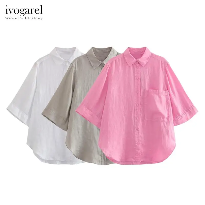 

Ivogarel Short Sleeve Linen Shirt with Chest Pocket Traf Women's Casual Shirt with Collar, Elbow-Length Sleeves, Asymmetric Hem