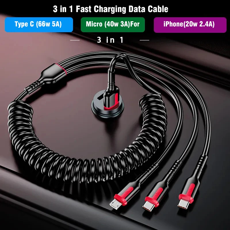 

66W 5A USB Type C Data Cable 3A Micro USB Spring Pull Telescopic Fast Charging Cable for Android Phone Accessories Car USB Cable
