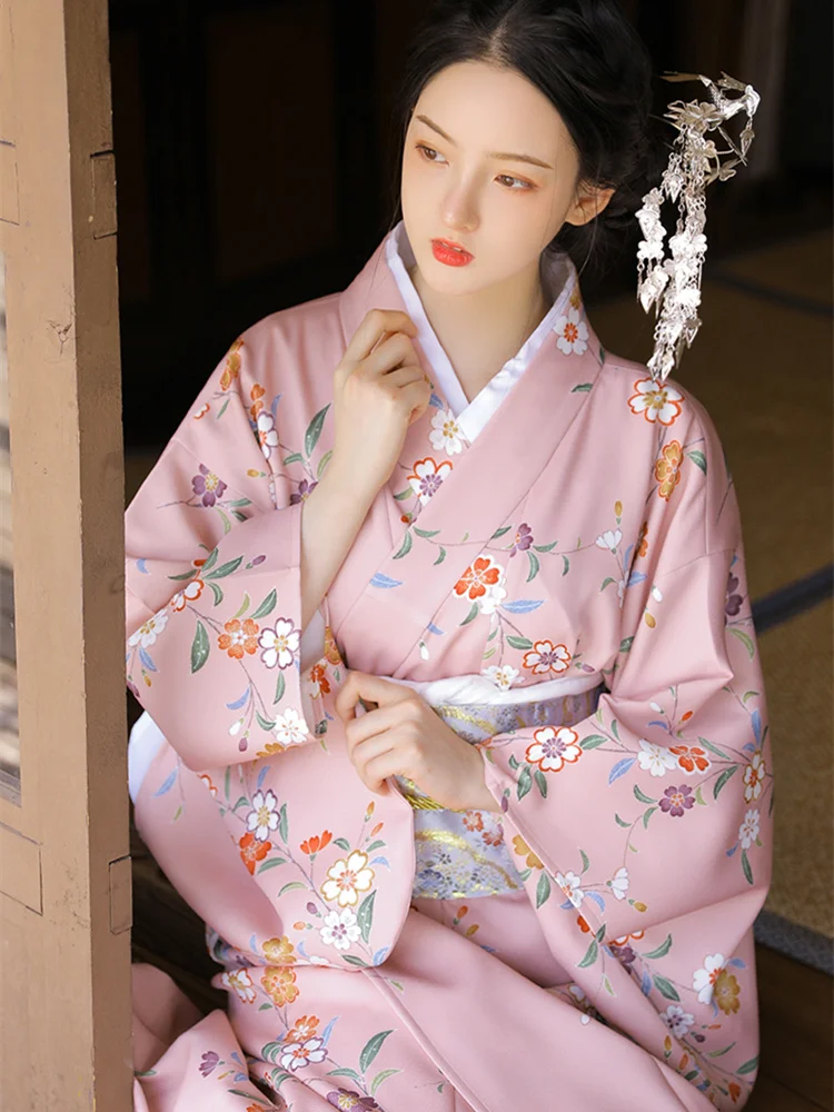 

Женское длинное платье в японском стиле, традиционное кимоно розового цвета с цветочным принтом, официальная одежда для косплея юката, платье для фотосъемки