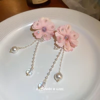 bohemia tassel yarn cloth art pink flower earrings for women vintage personality water drop crystal earrings party jewelry