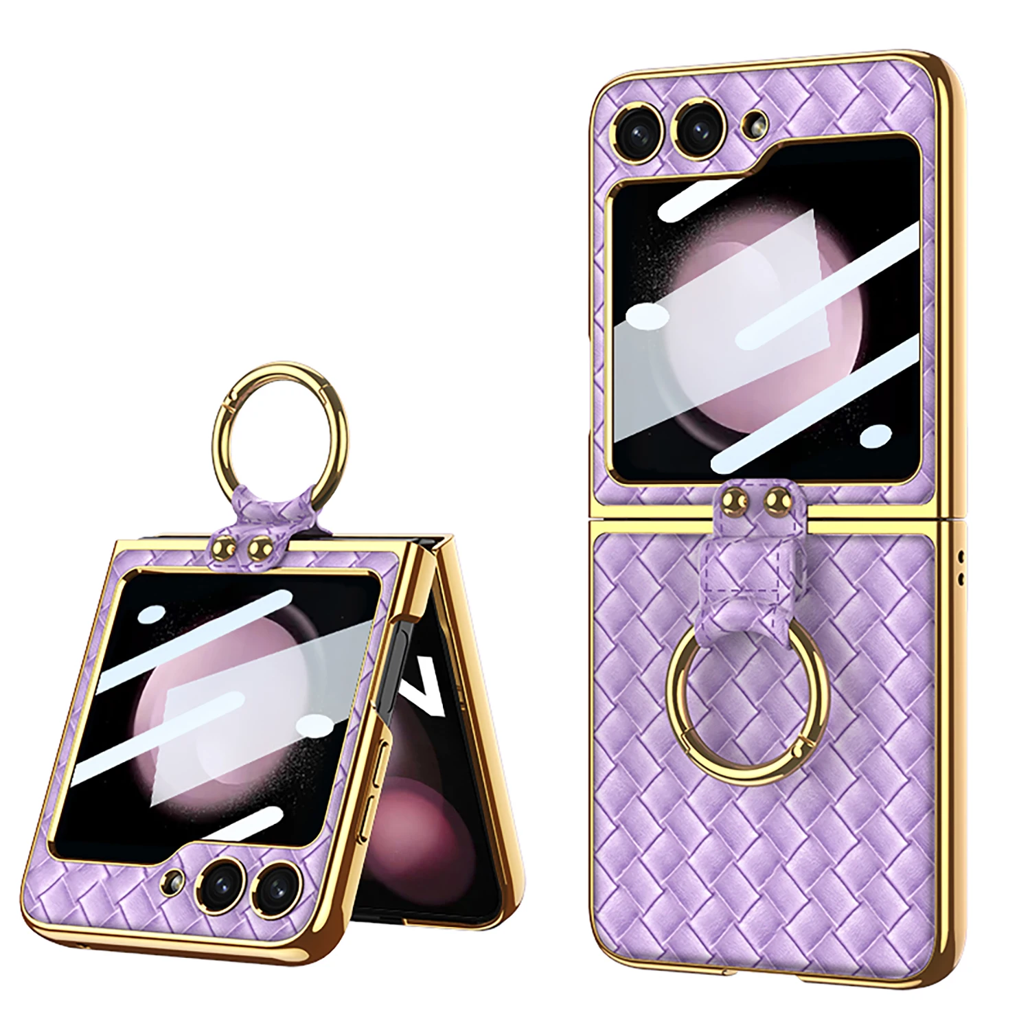 

Woven Plain Leather Ring Phone Case for Samsung Galaxy Z Flip 5 4 Flip5 Flip4 5G Full Package Protective Stand Shockproof Cover