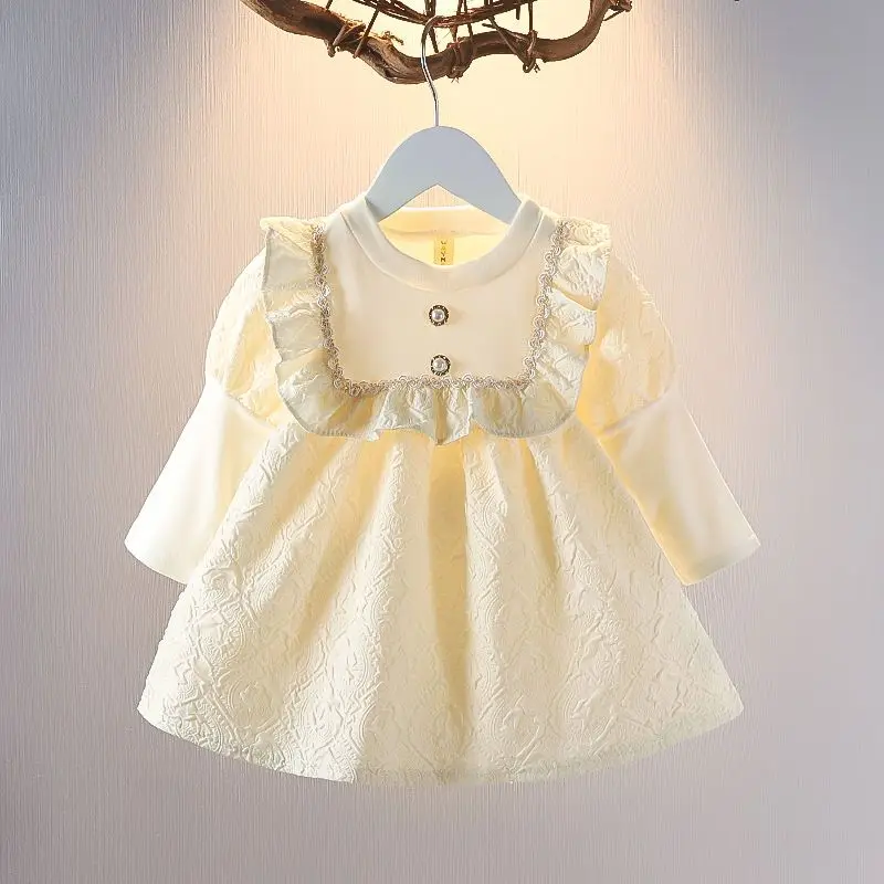 

Baby Girls Clothes Ruffles Patchwork Round Neck Solid Color Embroidered Flares Long Sleeve Creasing Fake Two Pieces Midi Dress