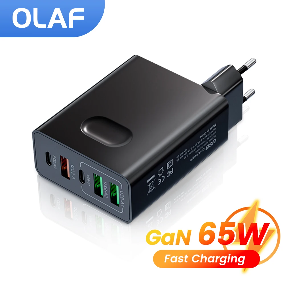 

65W GaN USB Fast Charging Charger Adapter for iPhone 14 Huawei Xiaomi Samsung 5 Ports USB C PD QC3.0 Charge Type C USB Charger