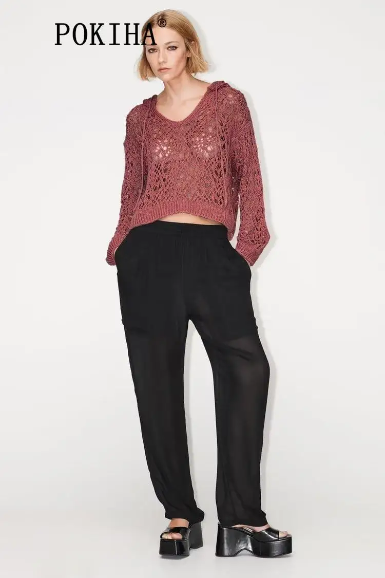 

Pokiha Fashion Women Casual Knitting See Through Hooded Sweater Long Sleeve Female Pullovers Chic Tops