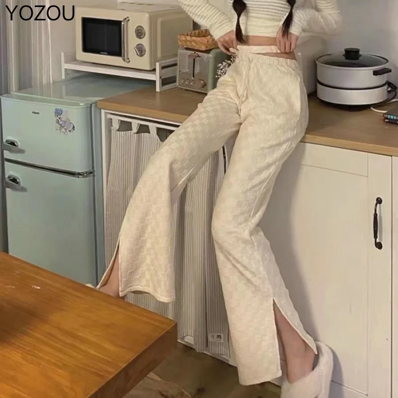 

YOZOU 2022 Pants for Women Sweatpants Korean Plaid Aesthetic Pink Gray Black Aesthetic Wide Leg Elastic High Waist Terry Alt