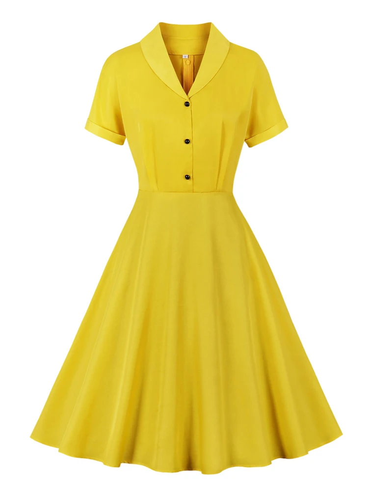 

Solid Vintage Flare Dress Women A-Line Shawl Collar Button Front Short Sleeve YellowKnee Length Summer 50S Rockabilly Dresses