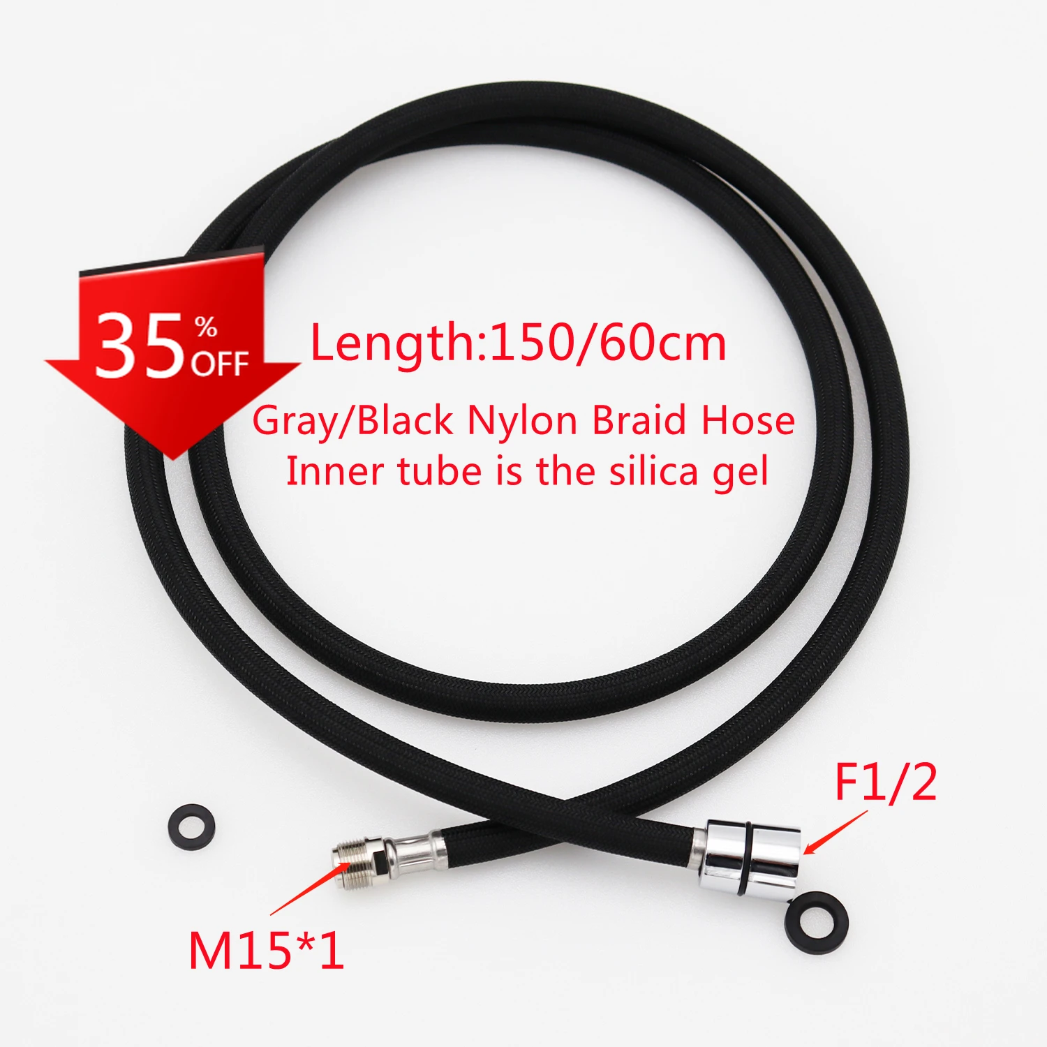 

60/150cm F1/2 M15*1 Faucet Pull Out Faucet Hose Black Gray Nylon Braided Hose Replacement Hose for Pull Down Kitchen/Basin Tap