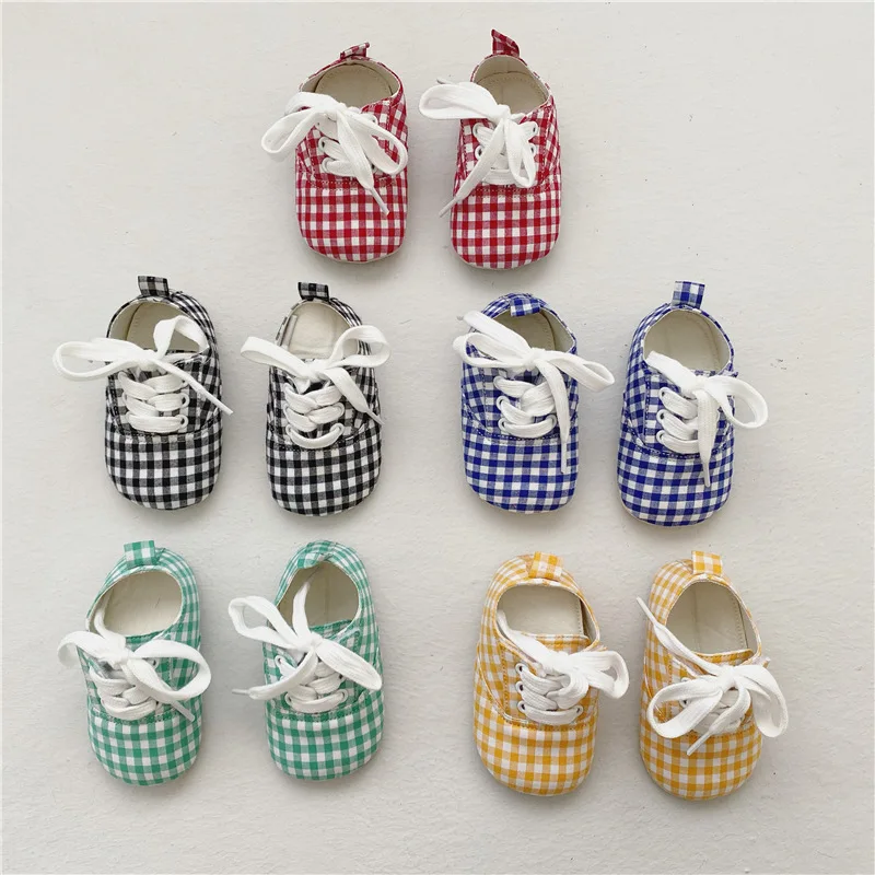 

2023 Cute Baby First Walkers Sneakers Newborn Kids Canvas Sneakers Autumn Korea Baby Boy Girl Soft Sole Crib Plaid Lace-Up Shoes