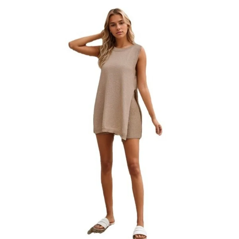 Женский летний вязаный свитер комплект из двух предметов без рукавов майка