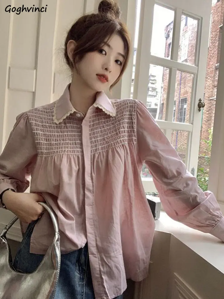 

Женская свободная рубашка в стиле пэчворк, милая стильная простая универсальная блузка со складками и пышными рукавами для девушек, в Корейском стиле, шикарная дизайнерская