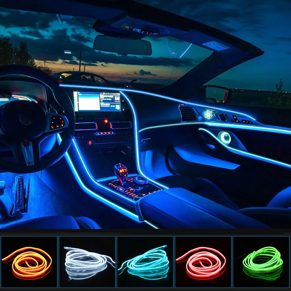 

5M Car Interior Led Decorative Lamp EL Wiring Neon Strip For Auto DIY Flexible Ambient Light USB Party Atmosphere Diode