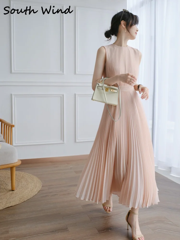 

High Waist Sleeveless Swing Dress Women Summer Dress Fashion Temperament Romantic Elegant Pink Gentle Sweet Pleated Skirt