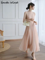 high waist sleeveless swing dress women summer dress fashion temperament romantic elegant pink gentle sweet pleated skirt
