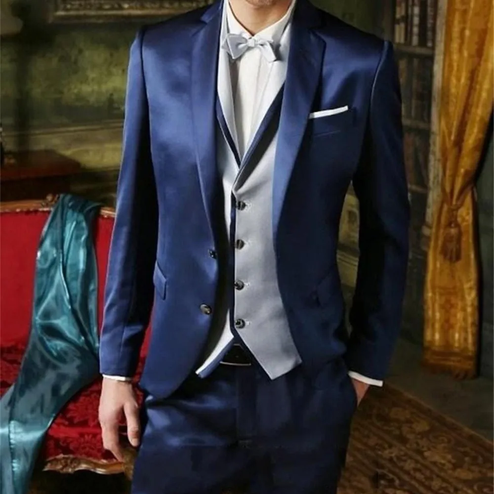 

Navy Blue Groomsmen Notch Lapel Wedding Dinner Suits 2022 Groom Tuxedo Shiny Best Man Bridegroom suit (Jacket+Pants+Tie+Vest)