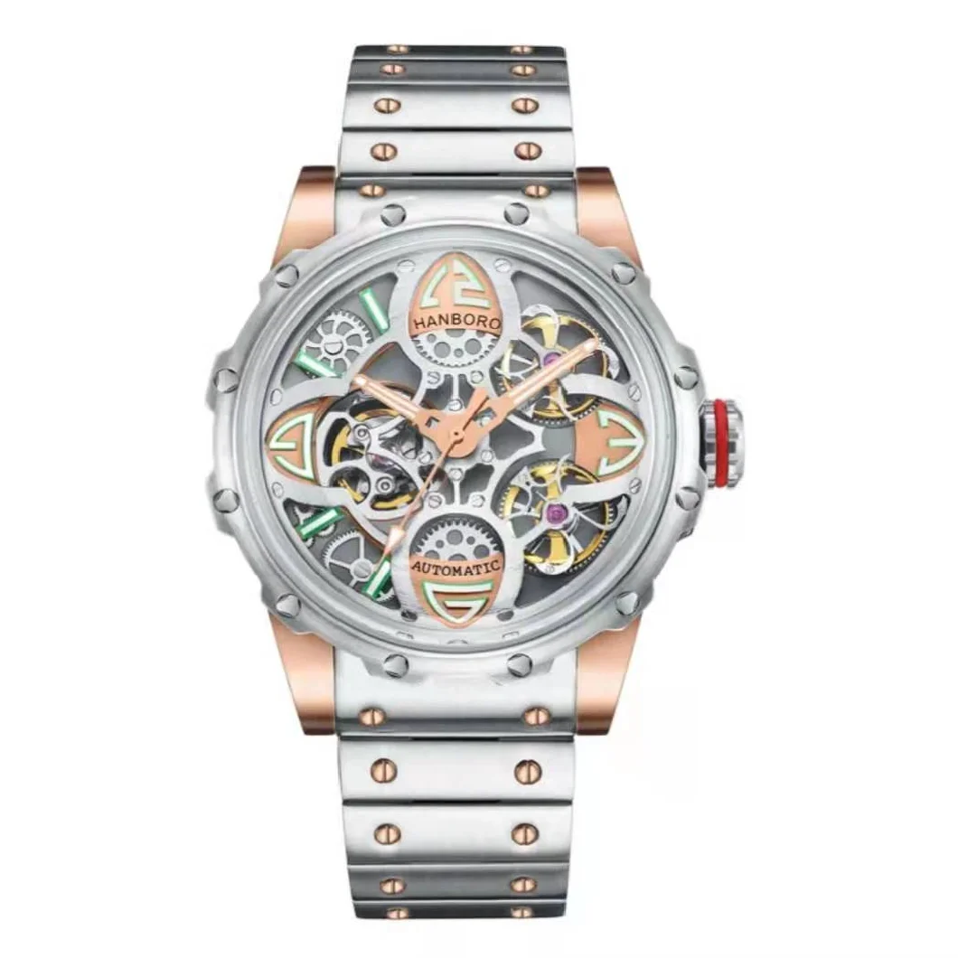 

HANBORO new Wristwatch flywheel full-automatic mechanical watch luminous skeleton hollow fashion business steel band MAN Watch