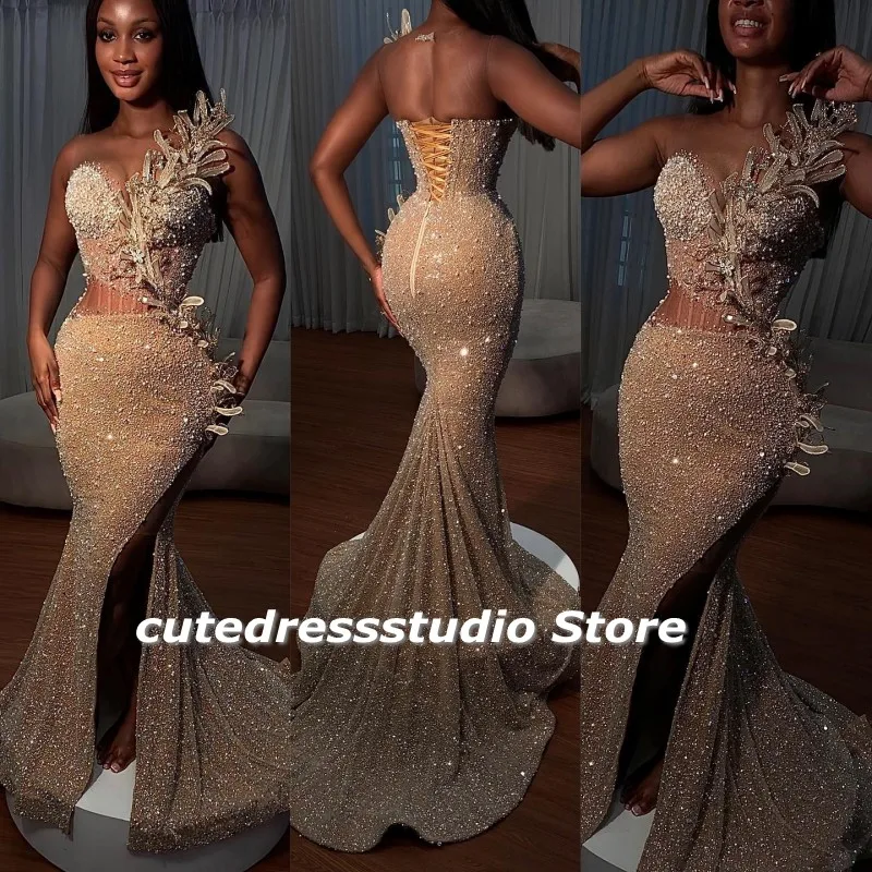 

Formal Occasion Dresses Evening Wear Sequin Applique Sheer Neck African Wedding Reception Party Dress Mermaid Prom Gowns