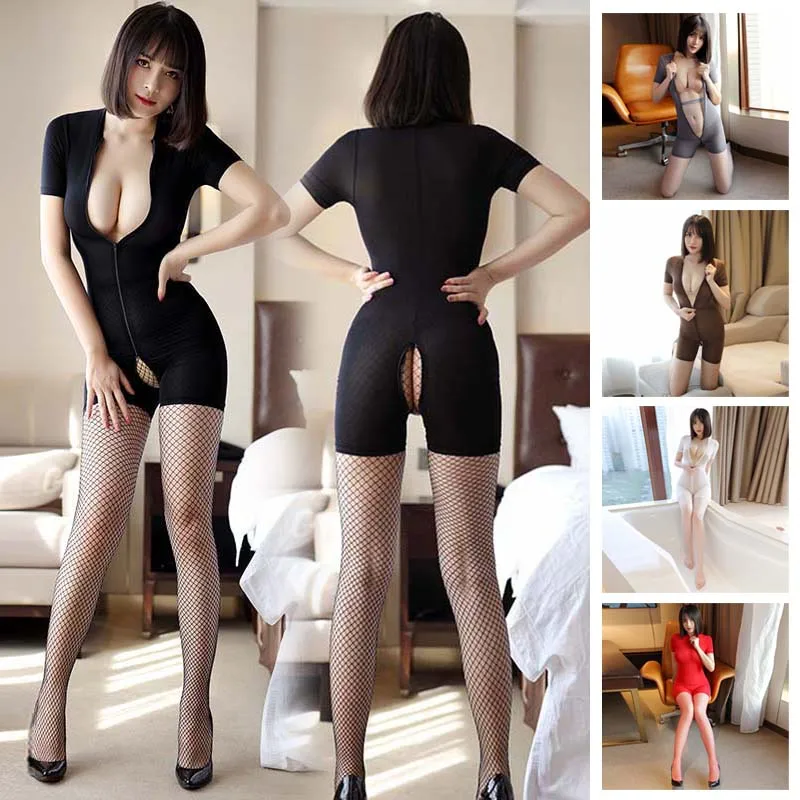 

Womens Transparent Bodystocking Shiny Glossy Bodysuit Sheer Tights Silky Sexy Open Crotch Zipper Shorts Jumpsuit Erotic Lingerie