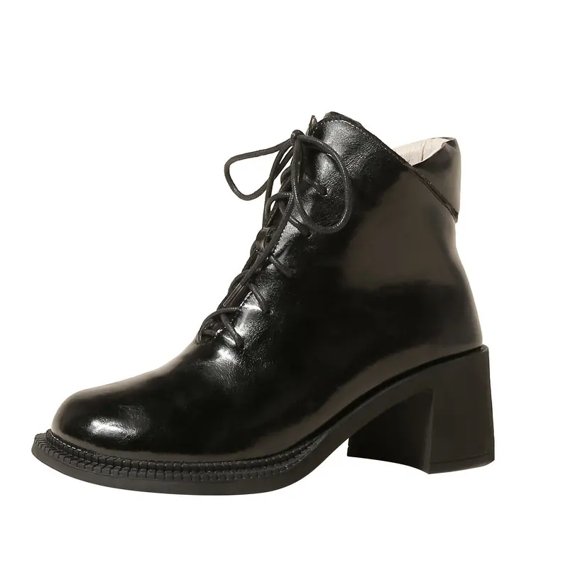 

Women Ankle Boots Genuine Leather Round Toe Platform Thick High Heels Autumn Winter Office Ladies Shoes Woman Size 42