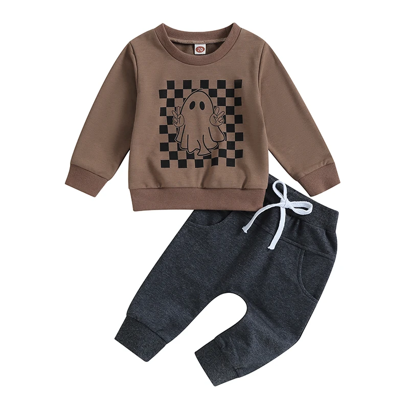 

Осенняя одежда для маленьких мальчиков, шахматный принт с призраками, с круглым вырезом, свитшоты с длинным рукавом и длинные брюки, 2 шт.