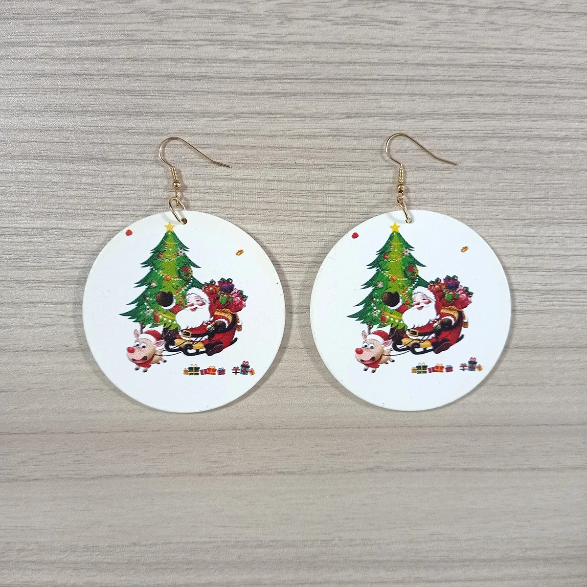 

Женские деревянные круглые рождественские серьги с двойным принтом, серьги с рисунком Санта-Клауса, снеговика, оленя, Милые новогодние подарки для девочек