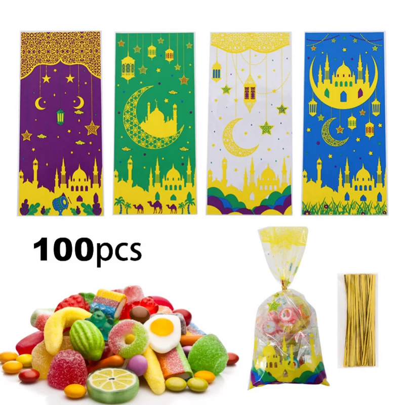 

100 шт., Рамадан, мусульманский вечерние, Opp, Eid, Мубарак, замок, бисквитная сумка, Подарочная сумка, 2023, исламский мусульманский вечерние, Декор, Рамадан, Карим, подарок