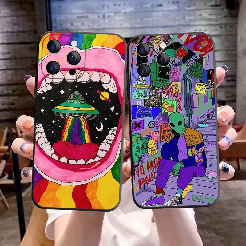 

Aesthetics Cute Cartoon alien space Silicone Phone Case For iPhone 12 11 13 14 Pro XsMax 7 14Plus 12Mini SE3 Soft TPU Back Cover