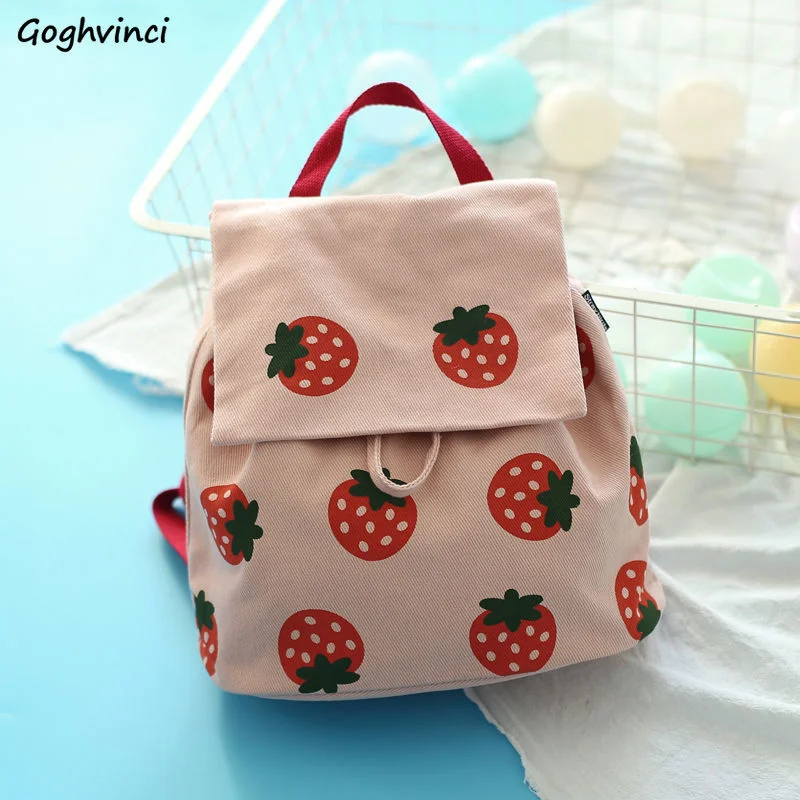 

Backpacks Women Strawberry Printed Casual for Students School Book Bag Large Capacity Travel Sweet Canvas Bag Harajuku Teens New