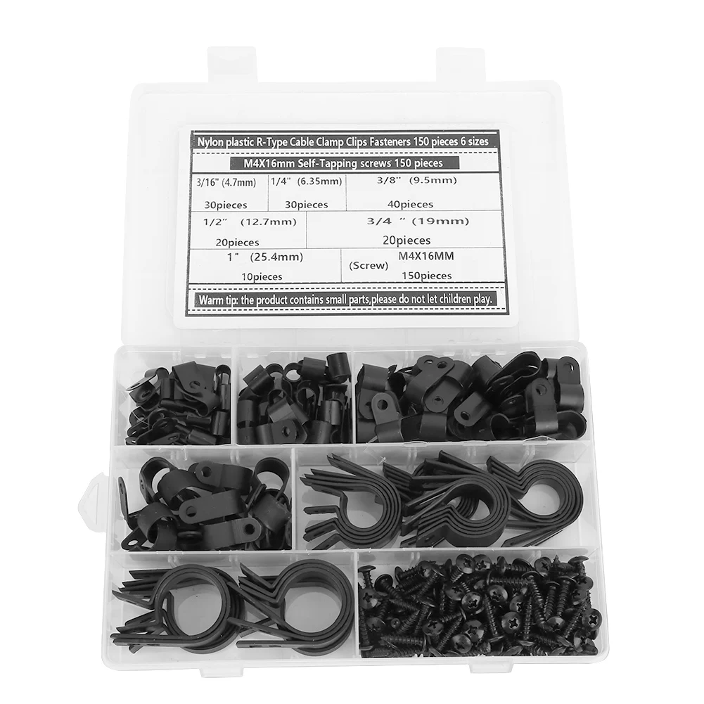 

150Pcs R-Type Cable Clamp Clips Fasteners + 150Pcs M4 x 16mm Self-Tapping Screws Set 150pcs 150pcs 150pcs