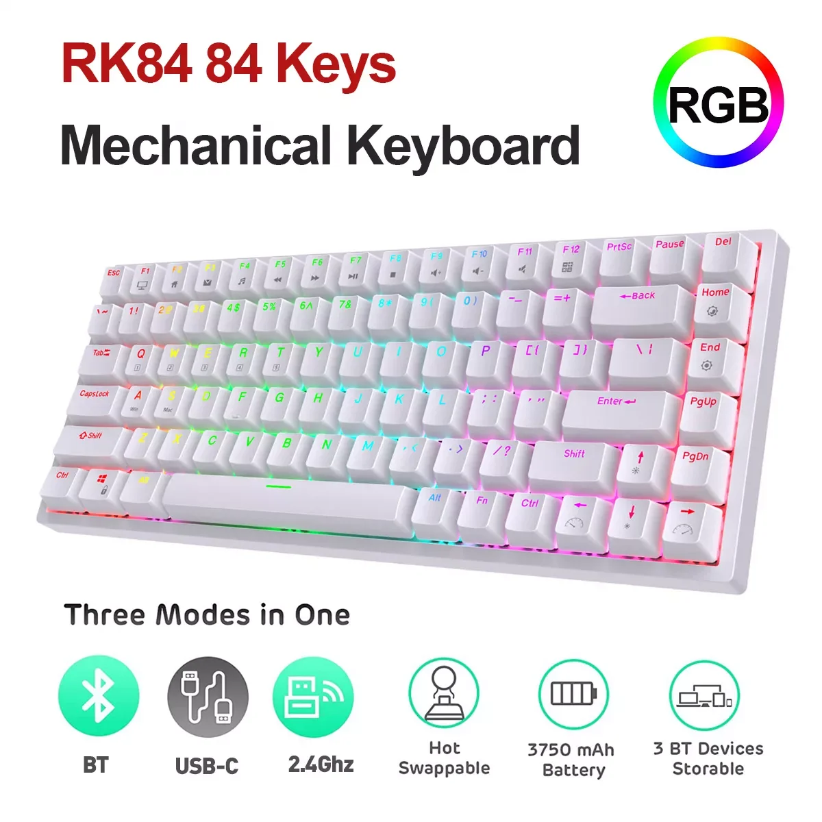 

RK84 механическая клавиатура 84 клавиши RGB Три режима беспроводной BT 5,0 + 2,4 ГГц + Type-C Проводная клавиатура с горячей заменой RK переключатель