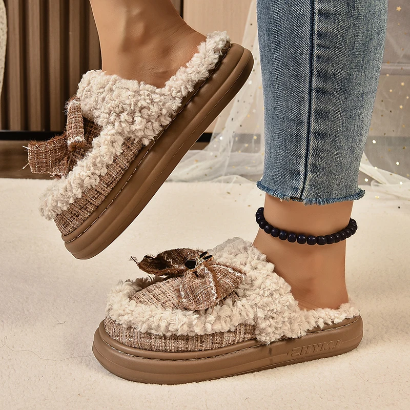 Модные плюшевые домашние тапочки для женщин с узлом-бабочкой теплая