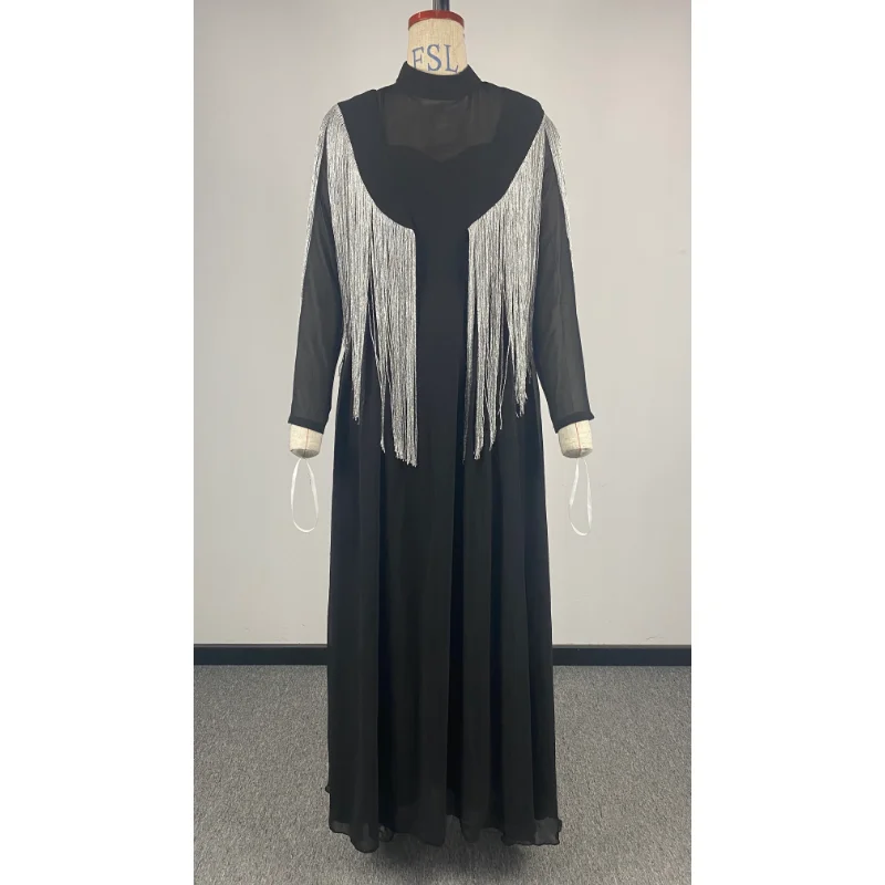 Ramadan Long Dress Moroccan Caftan 2023 Women's Spring Summer Big Swing Sexy High Tassel Waist Splice Chiffon Evening Dress
