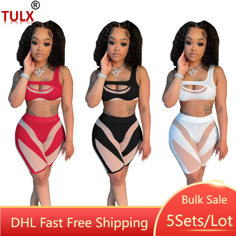 

5sets Wholesale Women Two Piece Short Matching Sets High Strecth Workout Gym Shorts +Y2K Hollow Out Tank Top Sport Outfits 9312