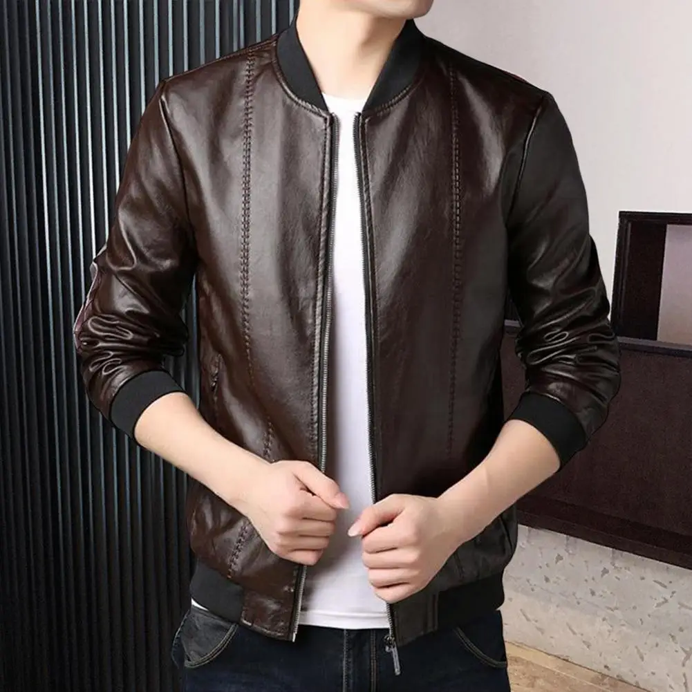 

Hot！Motorcycle Male Jacket Solid Color Anti-wrinkle Windproof Autumn Winter Ribbed Cuff Zipper Baseball Jacket for Shopping