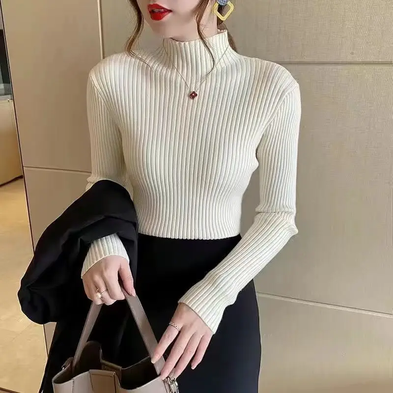 

Solid Ribbed Basic Jumpers Knitted Sweater Pullover Women's Long Sleeve Office Lady Sueter Mujer Turtleneck High Street Tops