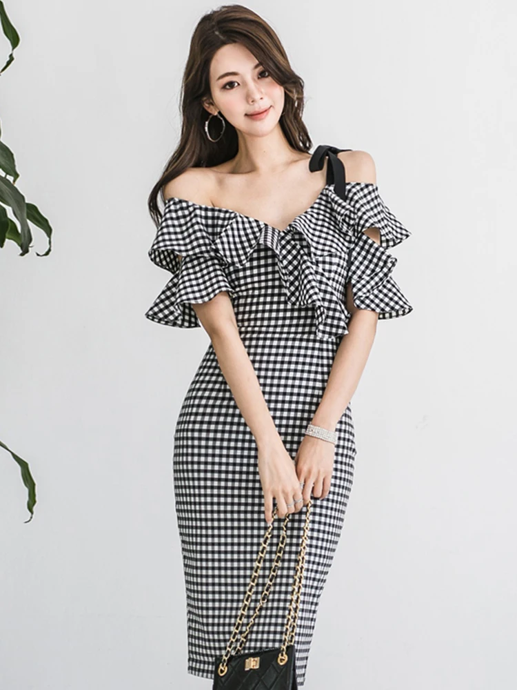 

Fashion women new arrival comfortable off shoulder elegant black plaid formal dress vintage party sexy slim ruffles pencil dress
